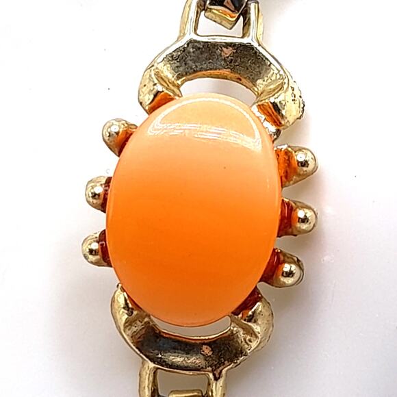 Vintage Orange Moonglow Bracelet, Gold Tone, 7", 1950s - Picture 4 of 10